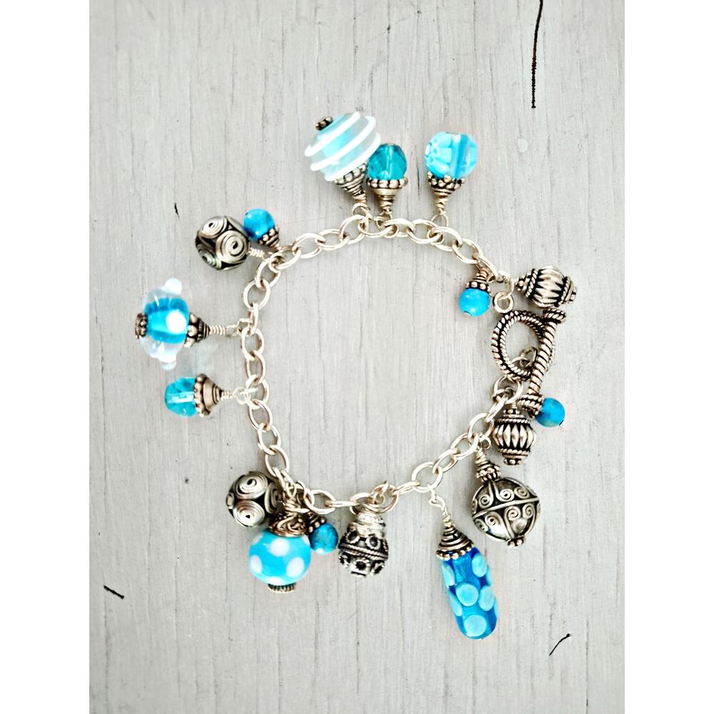 Turquoise Glass Bead Charm Silver-tone Bracelet with Toggle Clasp